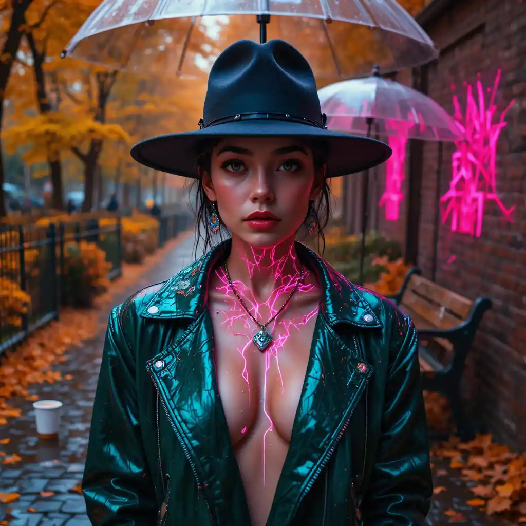 Cinematic portrait of a woman in a rainy cyber alley