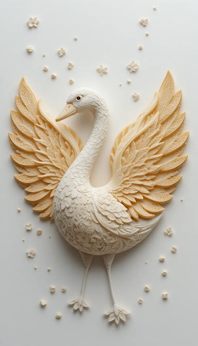 Escultura isométrica 3D de cisne formada por panquecas em forma de renda