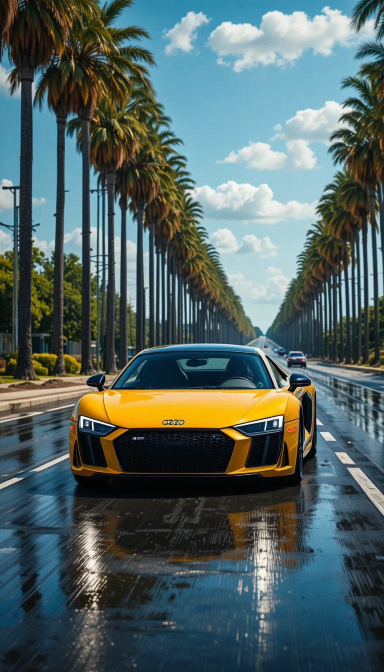 Voiture de sport jaune sur autoroute mouillée bordée de palmiers