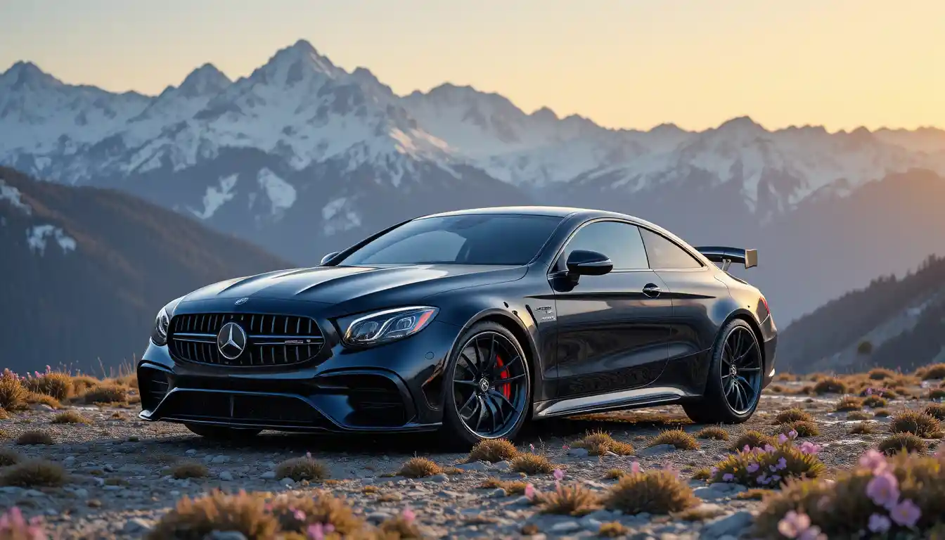 Carro esportivo preto e azul em estrada de montanha nevada
