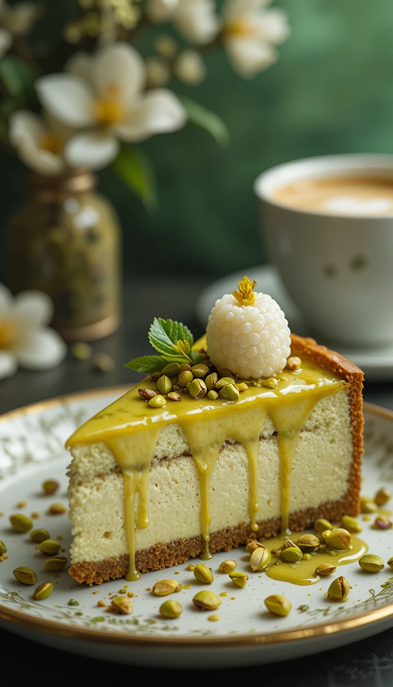 Nahaufnahme eines Pistazien-Käsekuchenstücks mit Cappuccino in der Nähe