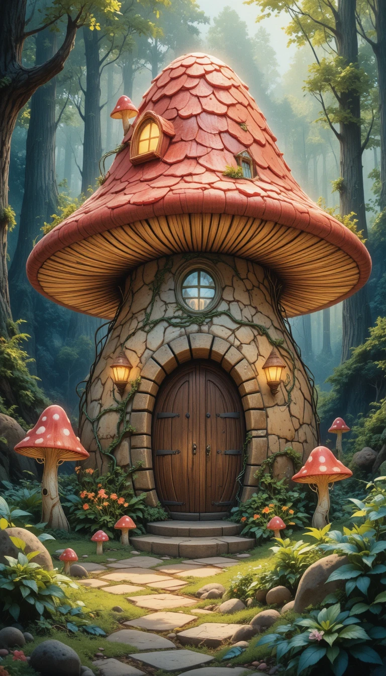 Fiabesca casa di fungo gigante che brilla in una foresta fantasy