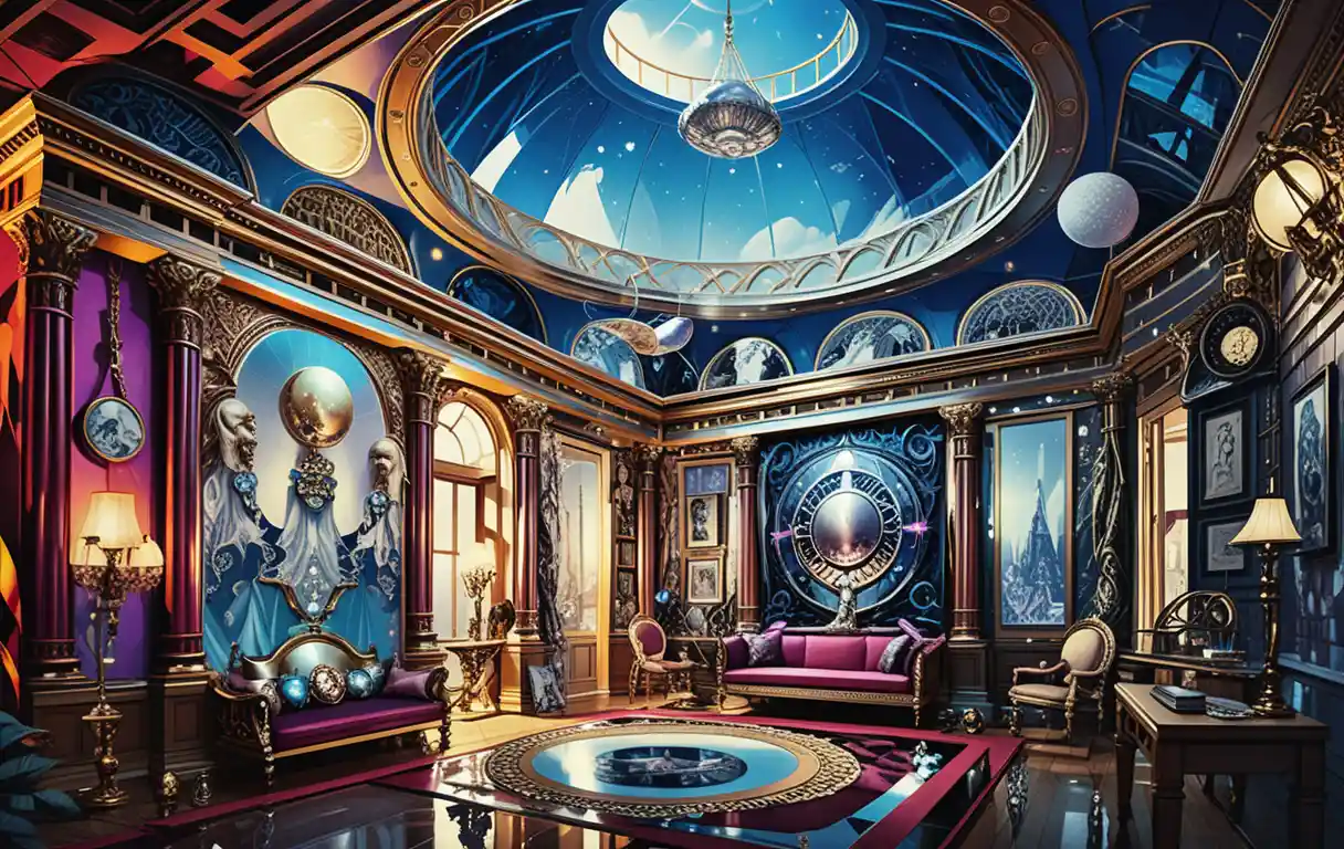 Diorama de vila grega fantástica com interior de templo celestial