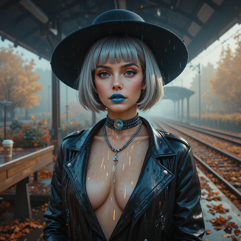 Surreal glitch portrait of a chrome skinned woman at dawn