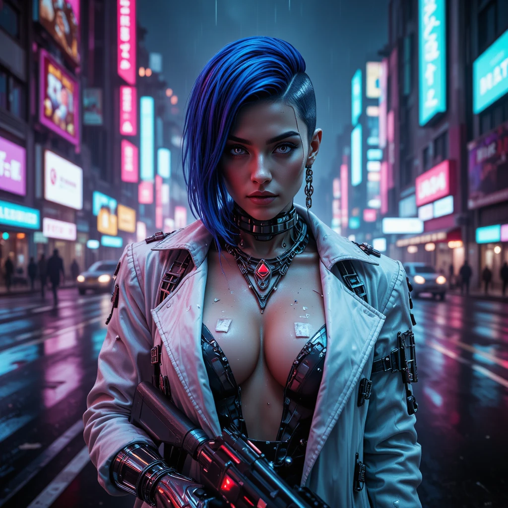 Cyberpunk-Cyborg-Frau in neongetränkter futuristischer Stadt