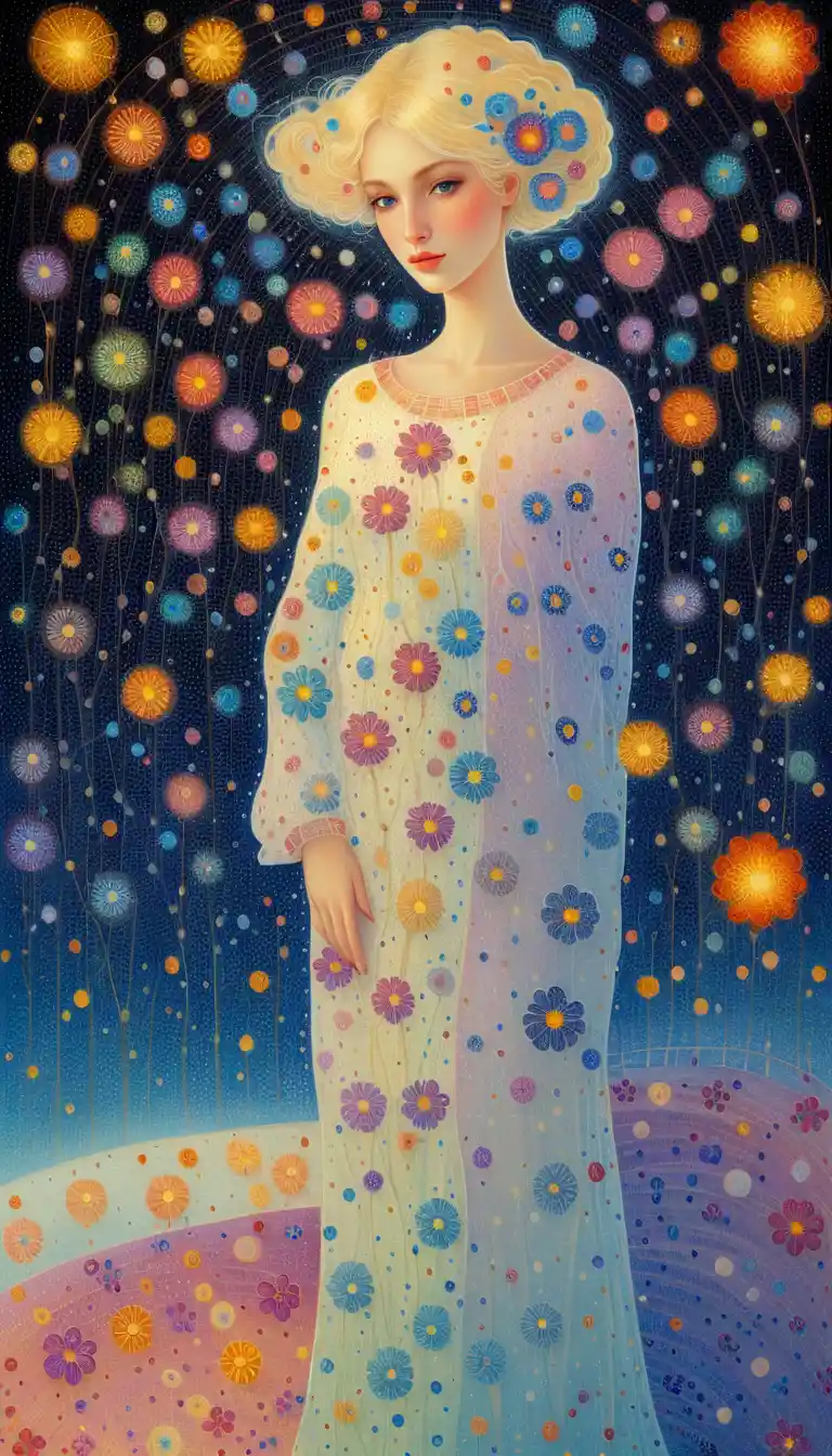 Ethereal woman formed from delicate luminous pointillist dots