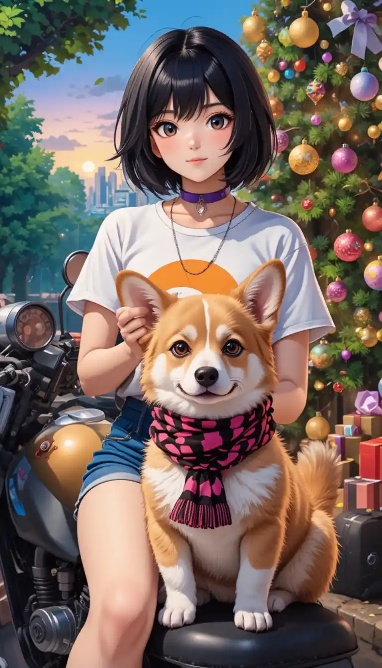 Anime girl on motorcycle holding dog in urban greenery