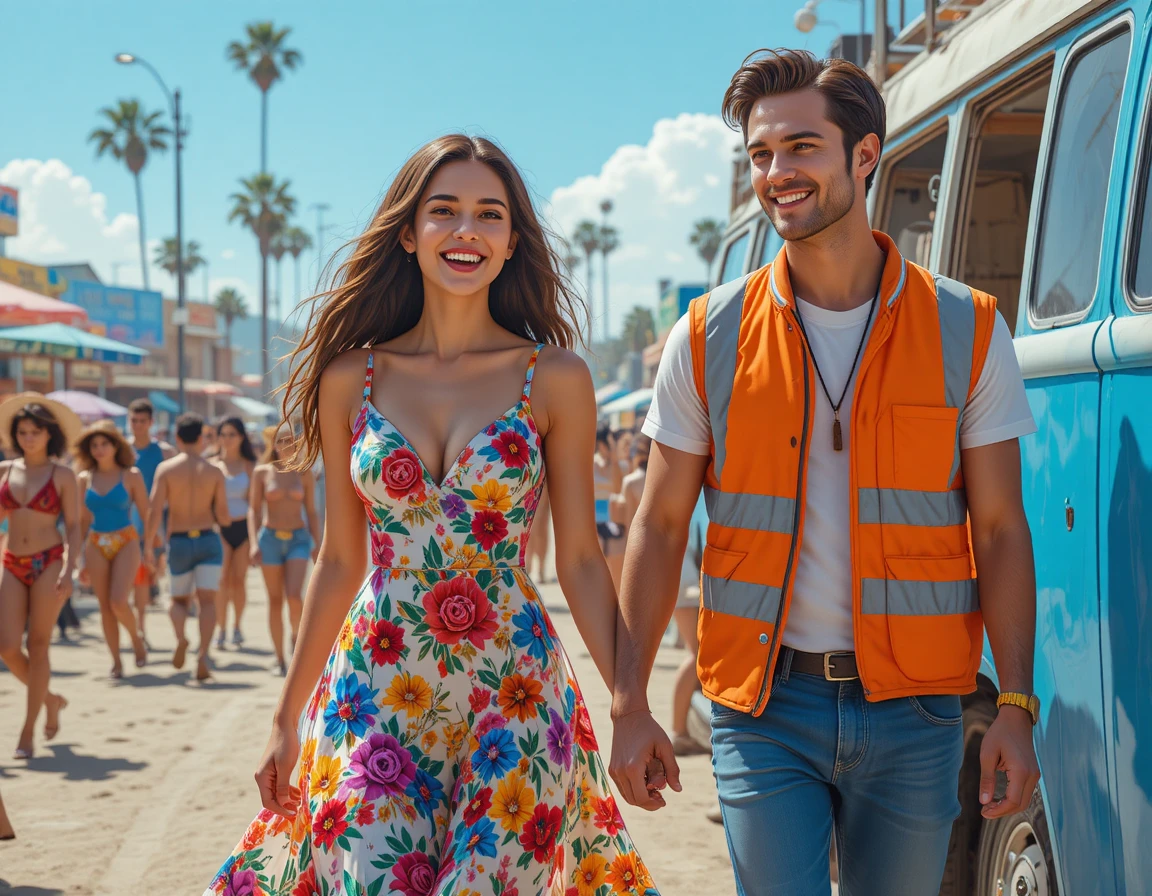 Smiling couple walking hand in hand at summer festival
