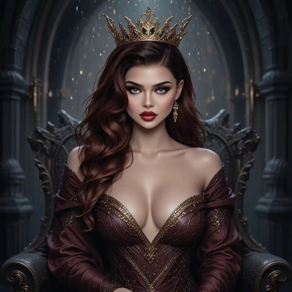 Red haired queen on a dark throne in ancient castle