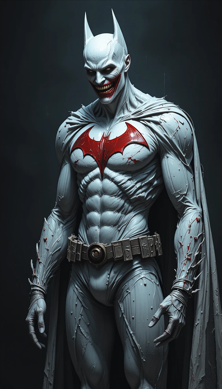 Super-herói pálido e distorcido com emblema de morcego ensanguentado na escuridão