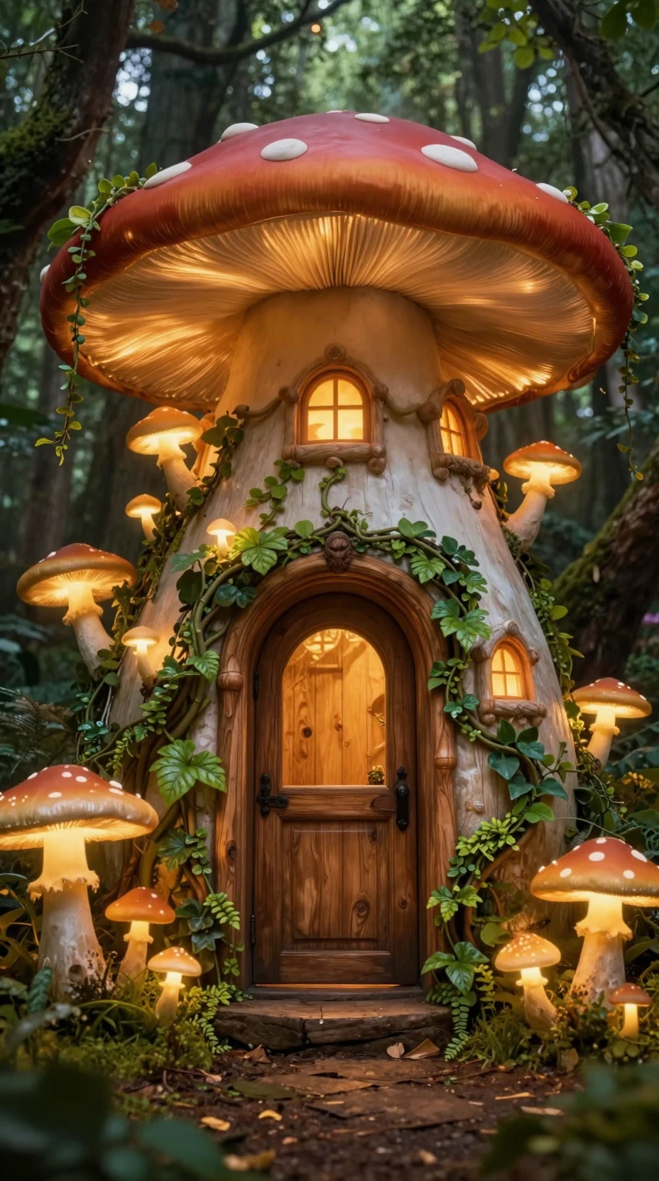 Casa de Hongo Fantasiosa que Brilla en un Bosque Encantado