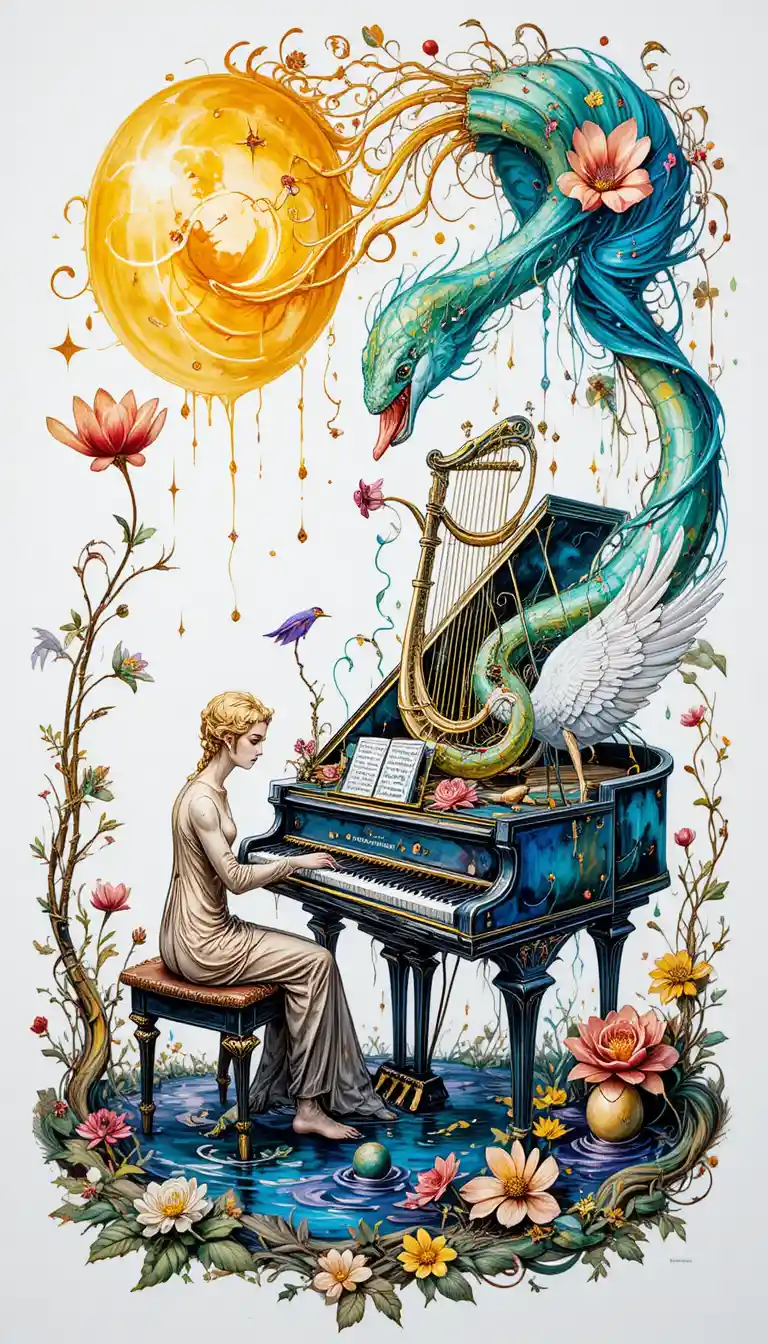 Fusión surrealista de piano y cisne sobre fondo blanco