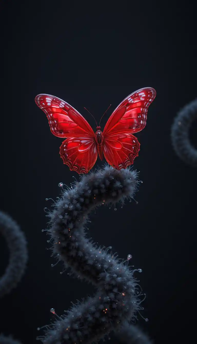 Borboleta vermelha transparente em preto em estilo digital de anime