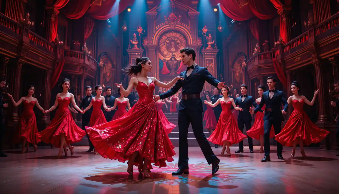 Dancing couple performing on a red lit theater stage