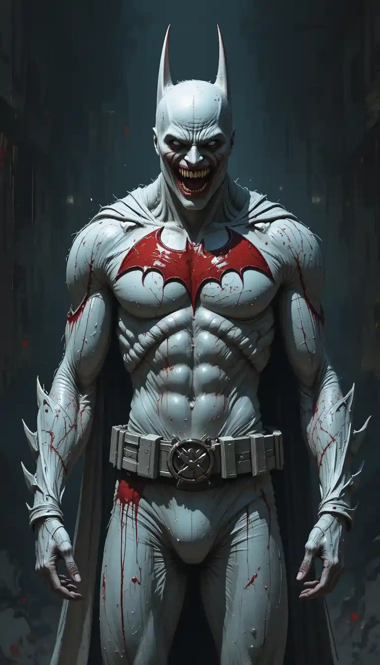 Super-herói fantasmagórico distorcido com emblema vermelho-sangue sorrindo de forma ameaçadora