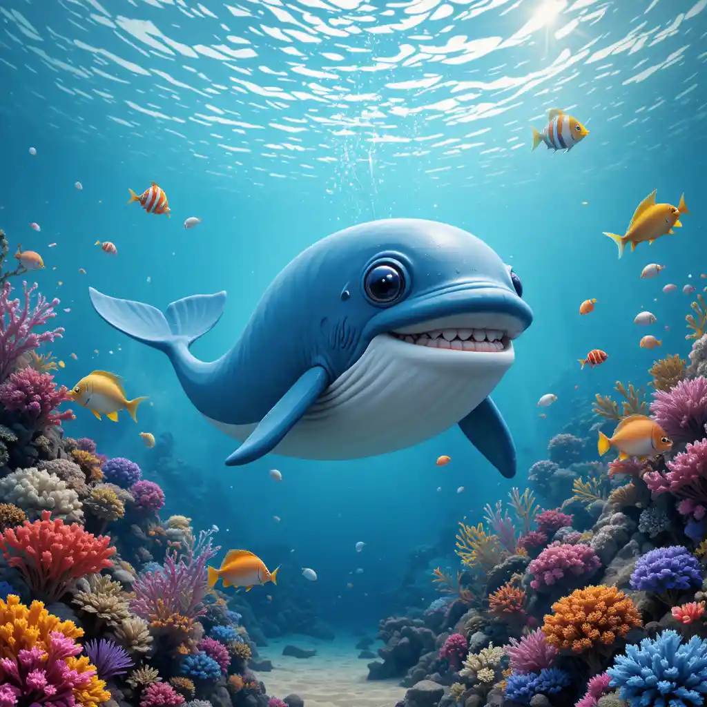 Baleia fofa em desenho animado com óculos de sol em um oceano colorido