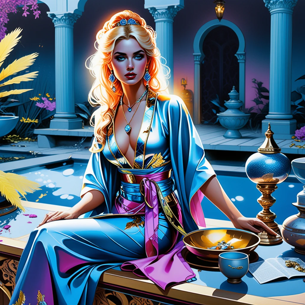 Mystical blonde enchantress in a mesopotamian palace courtyard