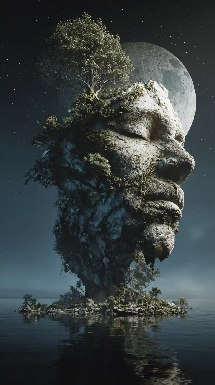 Île surréaliste en forme de visage humain sous un ciel étoilé paisible
