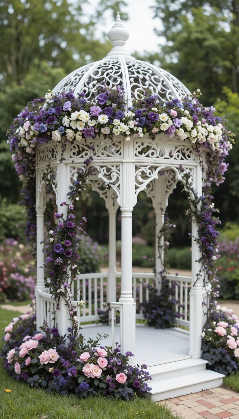 Weißer Gartengartenpavillon mit violetten und rosafarbenen Blumen geschmückt
