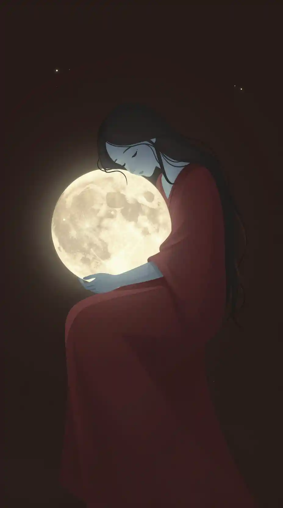 Silhouette éthérée étreignant une lune lumineuse dans une nuit cosmique