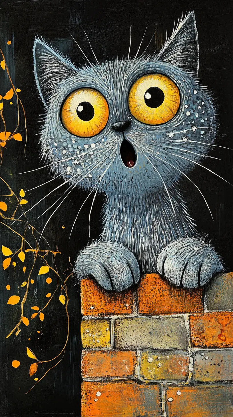 Fantasiehafte blau-graue Katze klammert sich an eine orange Ziegelwand