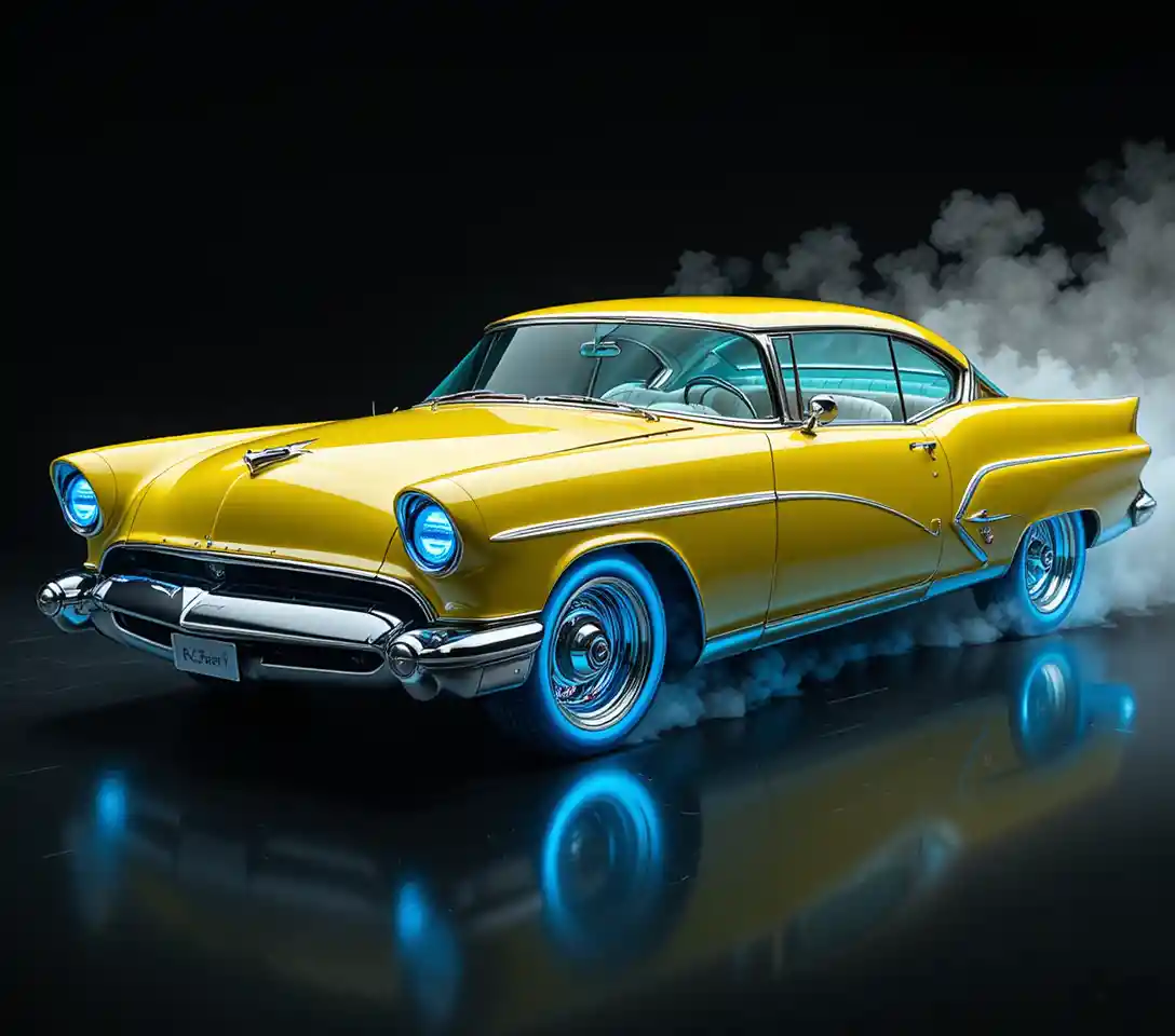 Carro customizado retrô de 1955 com rodas cromadas azul elétrico