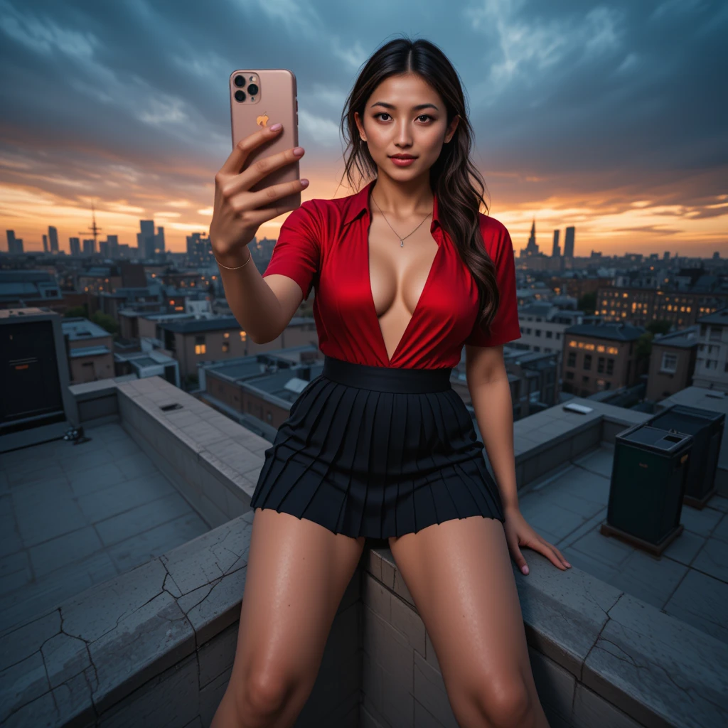 Low angle view of woman taking selfie on city rooftop