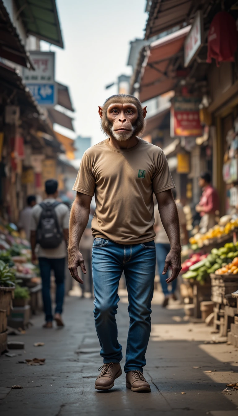 Mono Caminando Erguido por un Mercado Callejero Concurrido de la India