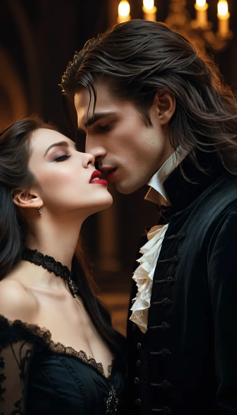 ゴシックな抱擁で女性にキスするヴァンパイアの恋人