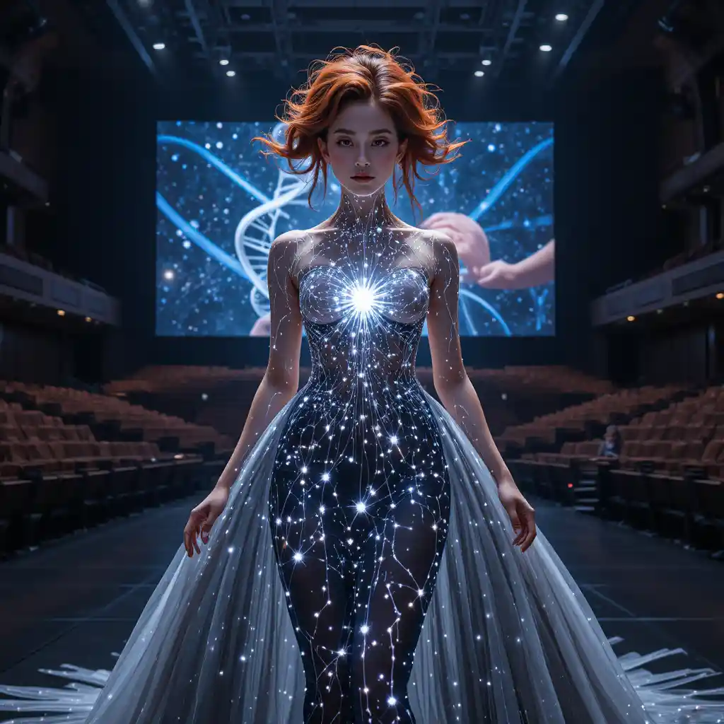 Particle physics beauty queen in glowing fiber optic gown