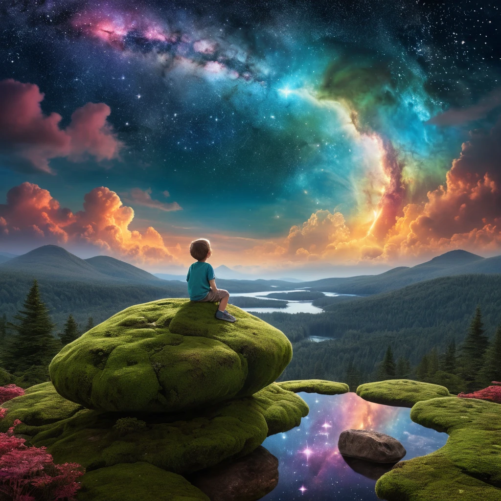 Child watching swirling nebulae in a magical night sky