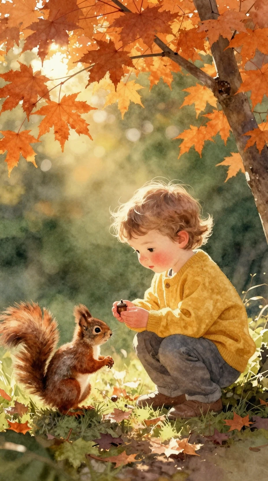 Toddler offering an acorn to a red squirrel in autumn woods