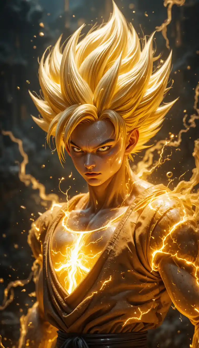 Guerriero anime sovraccarico in trasformazione di energia dorata