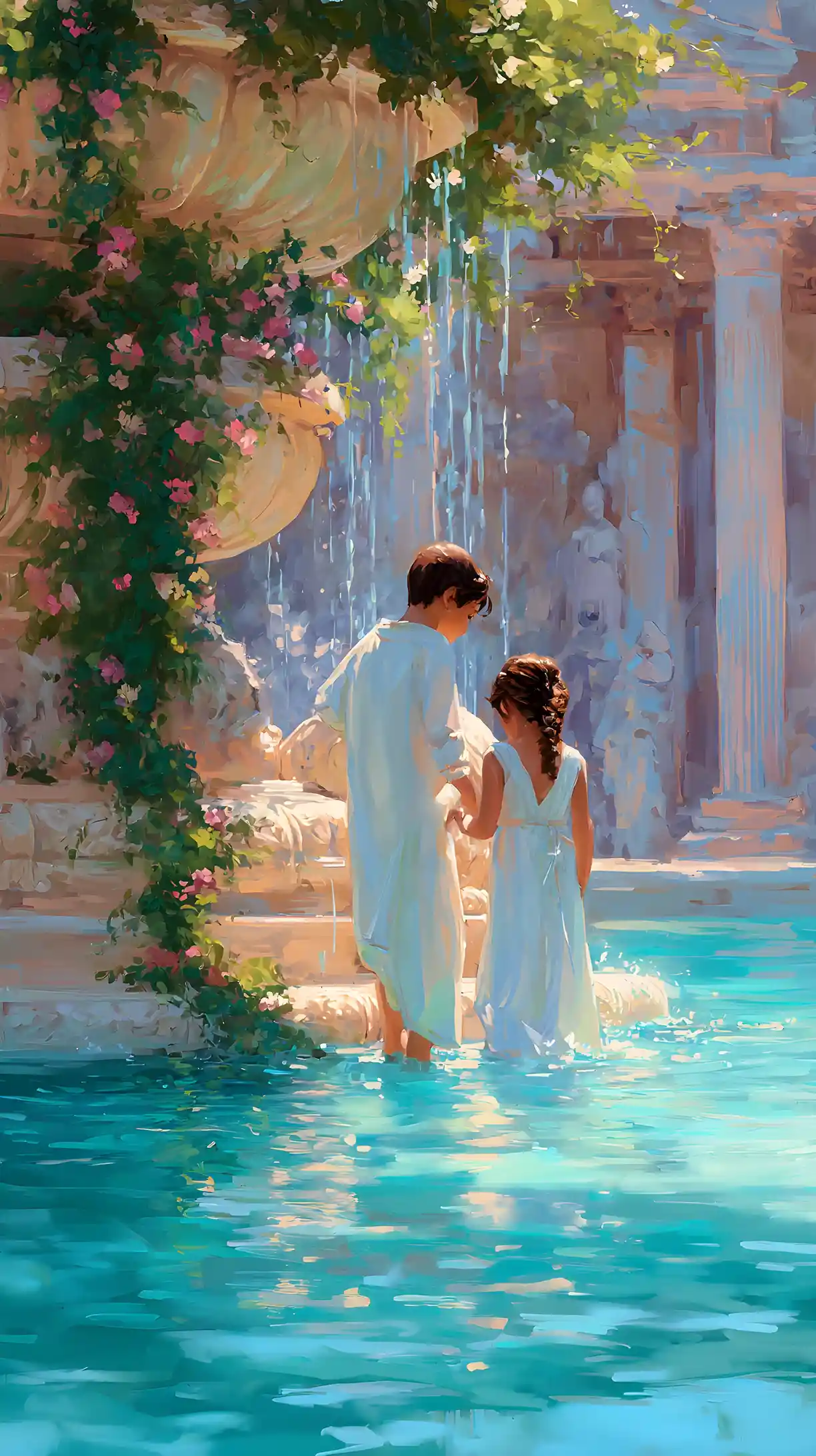 Boy and girl in white gowns by a sunlit fountain