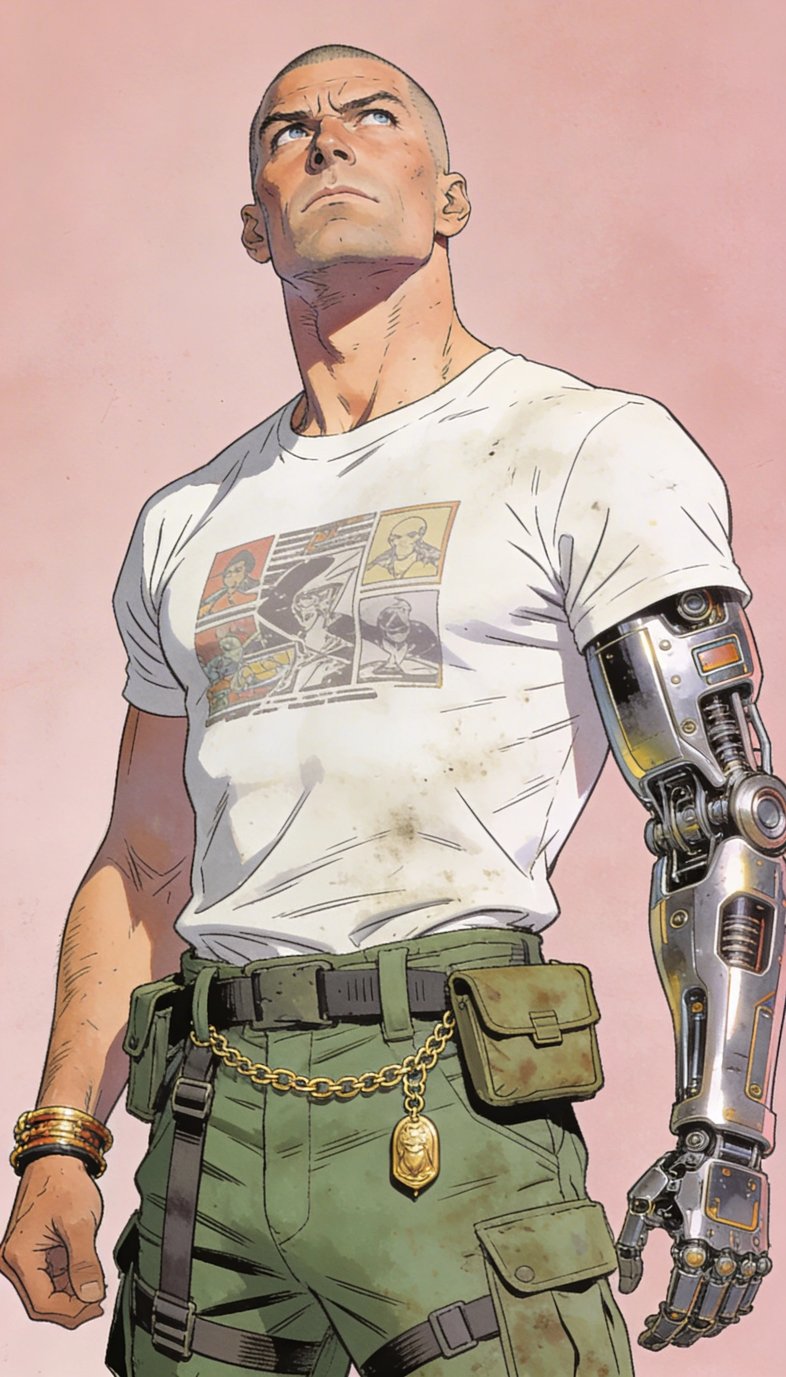 Homem ciborgue com braço cibernético em ilustração sci-fi retrô