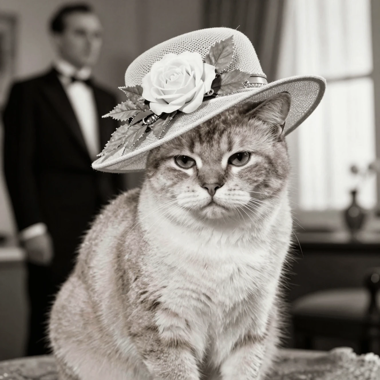 Gato fofo com chapéu vintage em retrato clássico em preto e branco