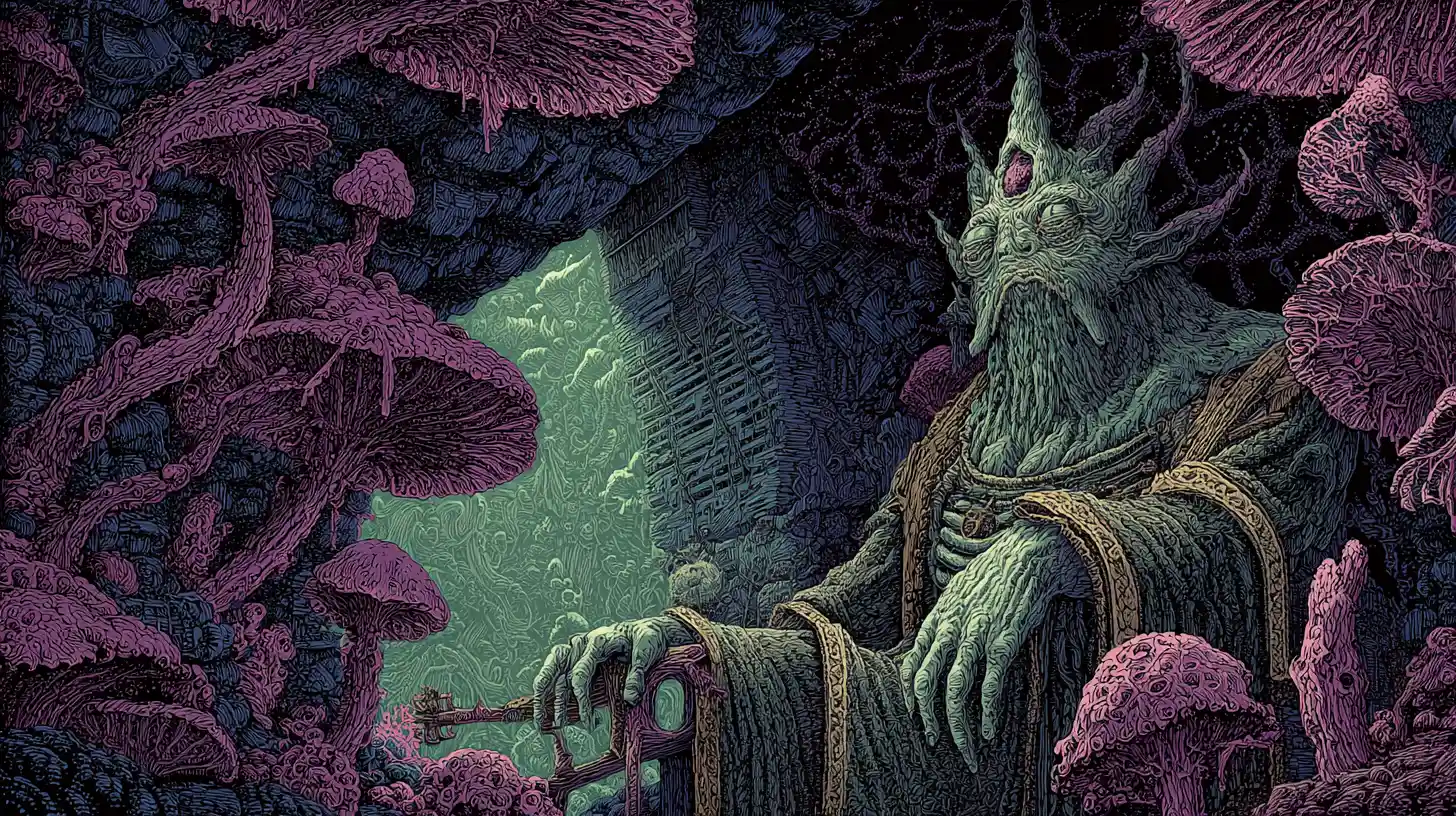 Antiga rainha troll em um trono de obsidiana na caverna
