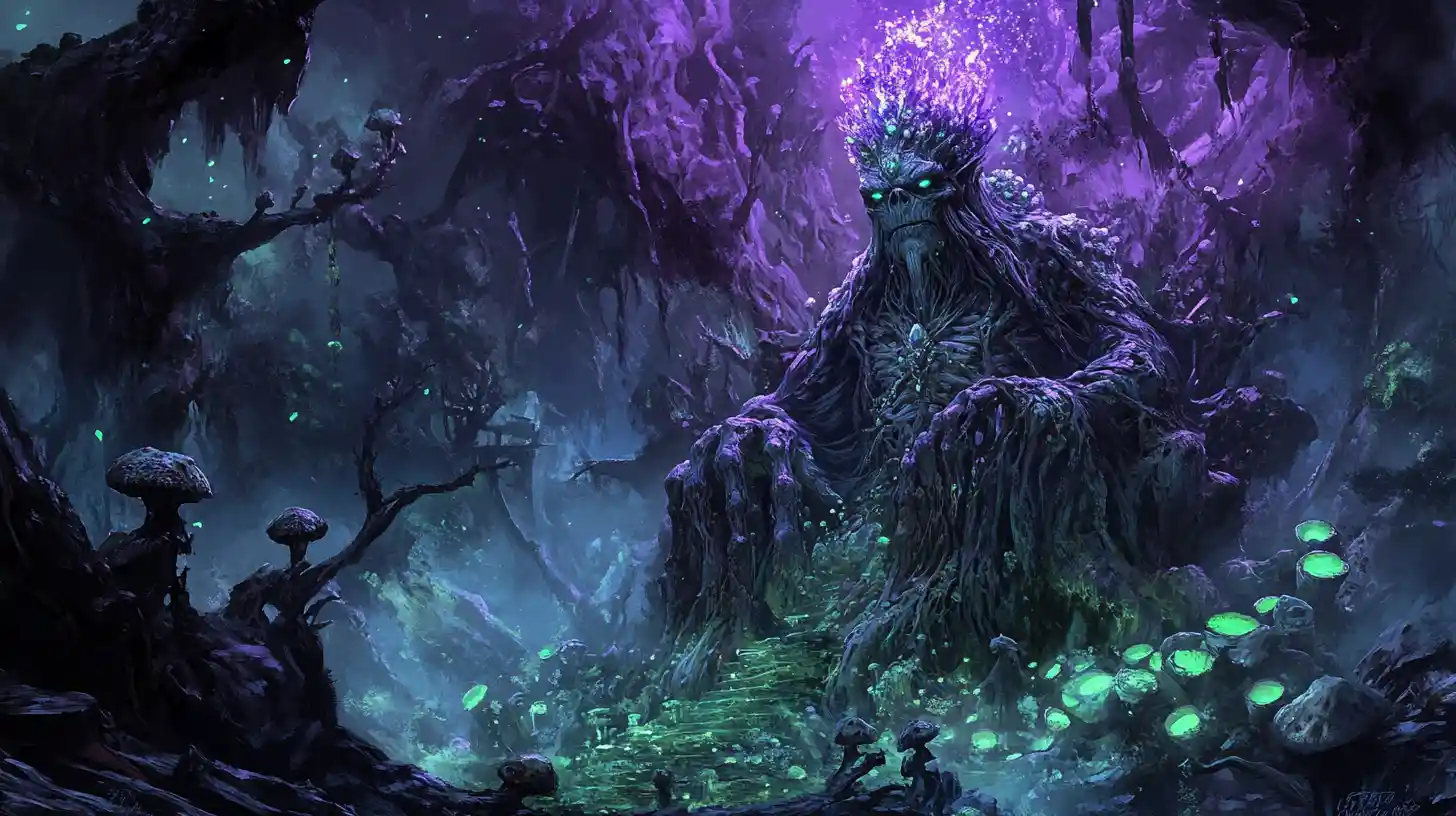 Rainha troll ancestral em um trono de obsidiana na caverna
