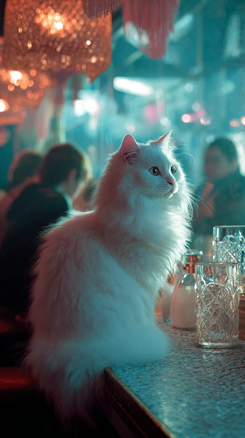 Weiße flauschige Katze bestellt Milch in einem belebten Restaurant