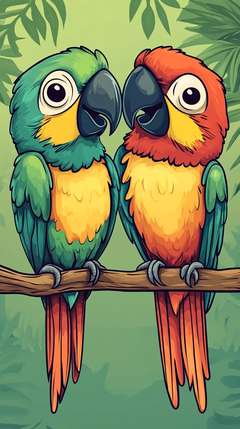 Loros caricaturescos y adorables comparten un corazón con encanto sarcástico