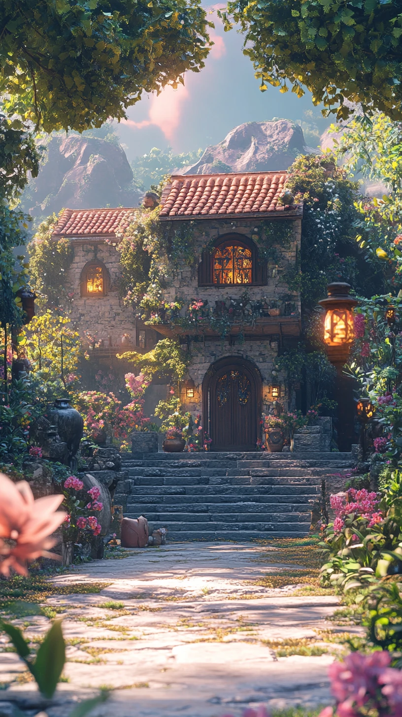 Traditionelles Haus am Wasserfall mit Laterne und Steinstufen