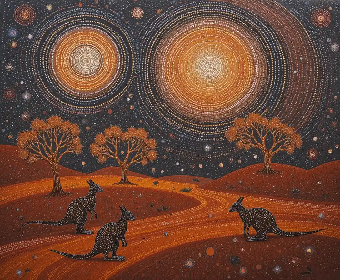 Canguri in un deserto stellato in scena di pittura a puntini aborigena