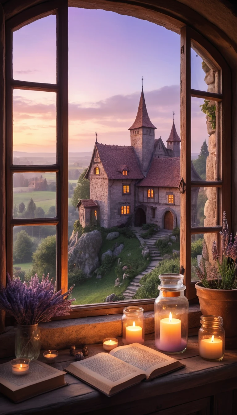 Janela de cabana medieval com vista para um castelo ao anoitecer