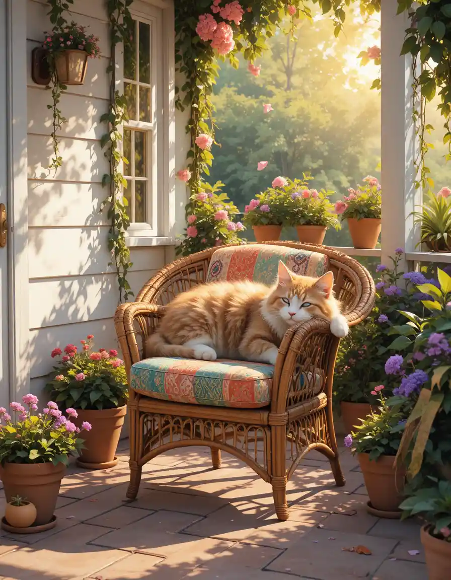 Sleeping kitten on a rattan chair in warm porch sunlight