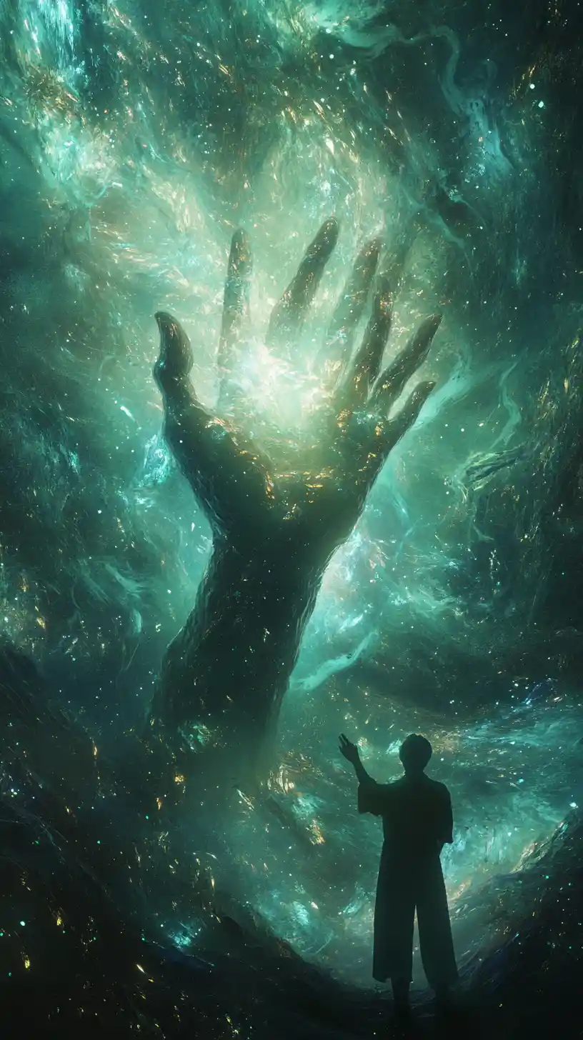 Main divine berçant un univers dans un cosmos surréaliste