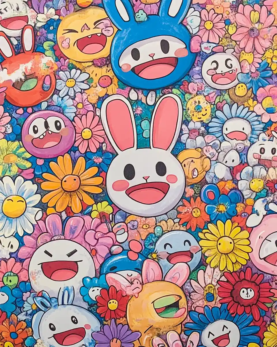 Farbenfrohes Pop-Art-Wandbild mit verspielten Cartoonfiguren