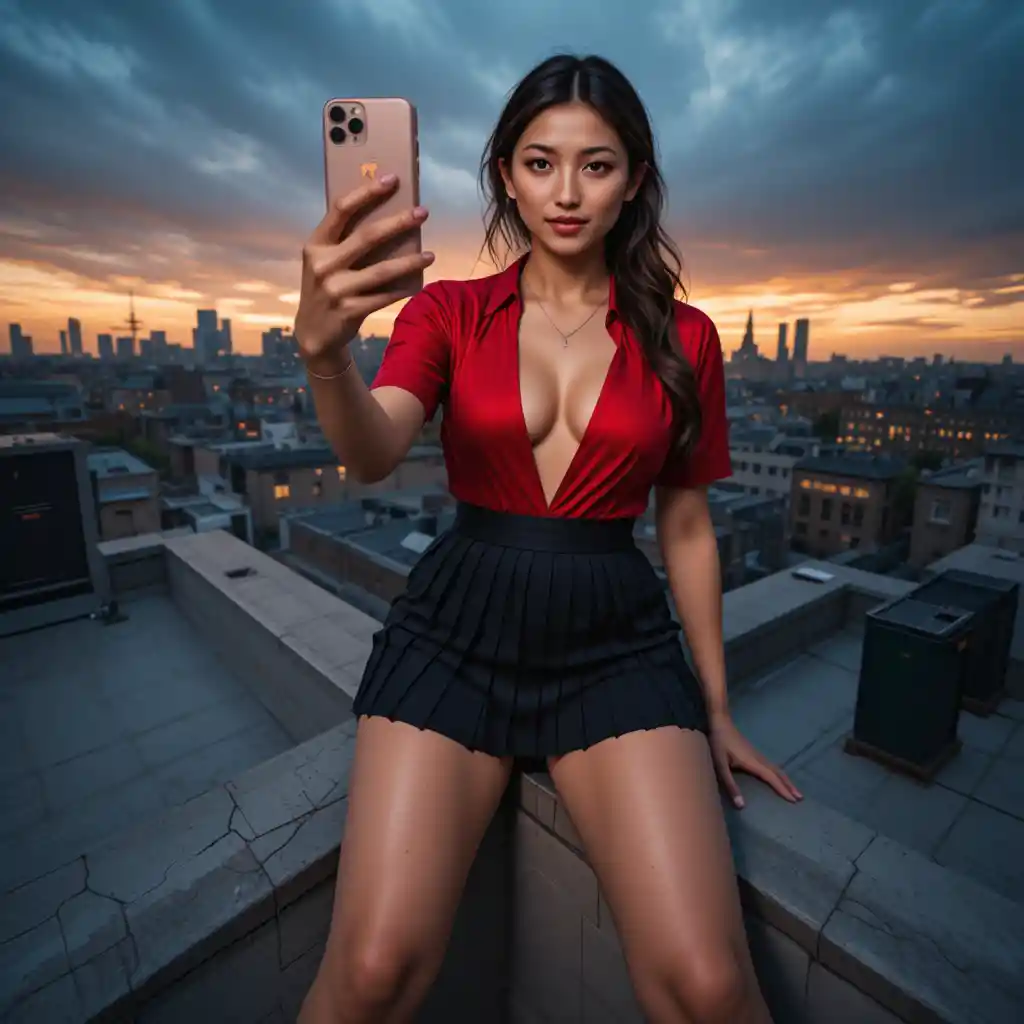 Low angle view of woman taking selfie on city rooftop