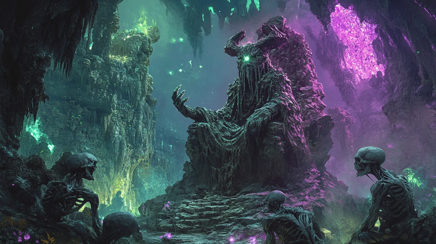 Antiga Rainha Troll em Trono de Obsidiana em Caverna Sombria