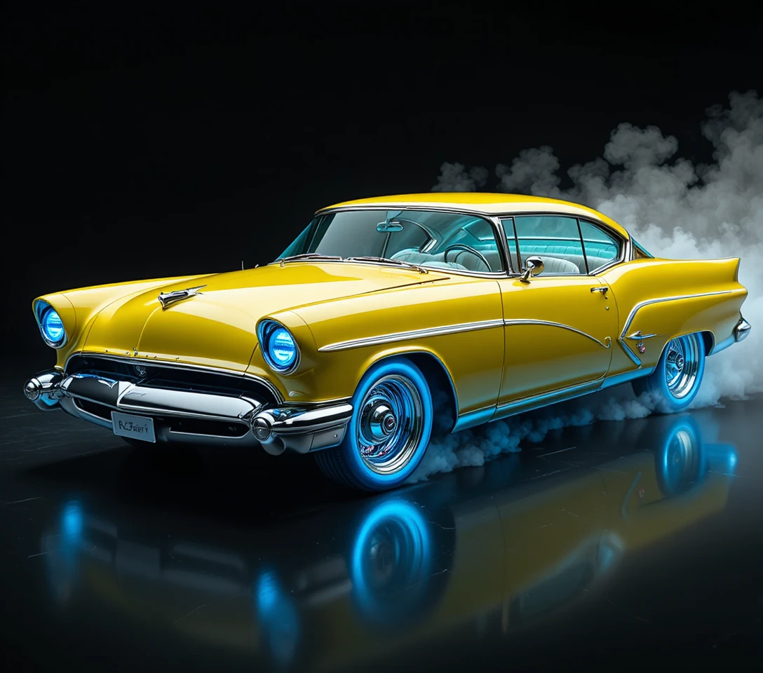Carro customizado retrô de 1955 com rodas cromadas azul elétrico