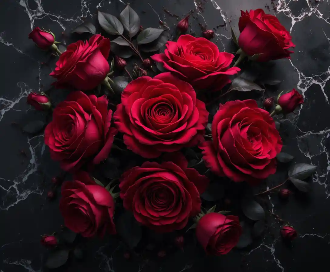Rosas Carmesim em Mármore Preto em Close Dramático